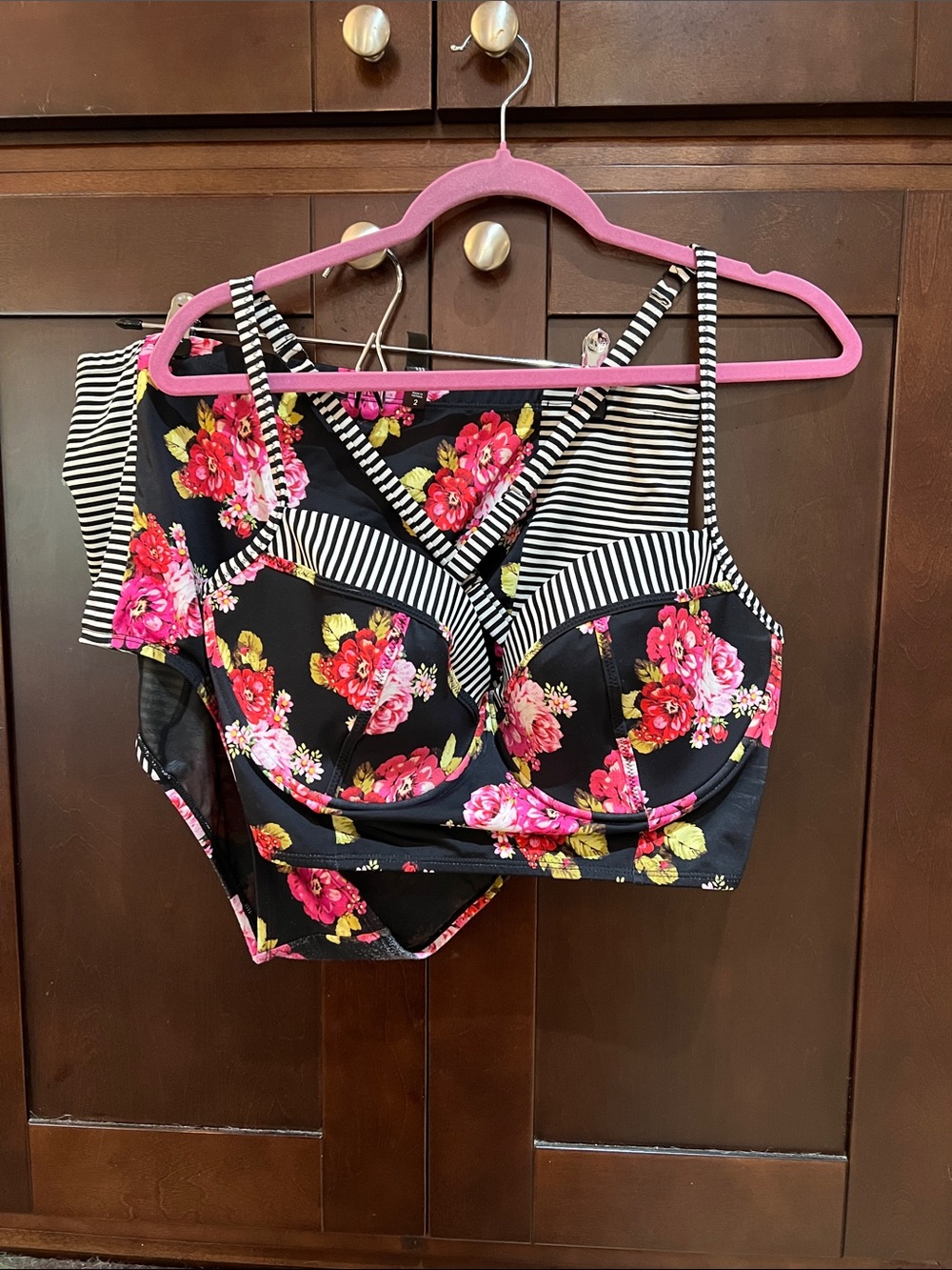 torrid Black Floral Underwire Bikini Top with Pink Accents